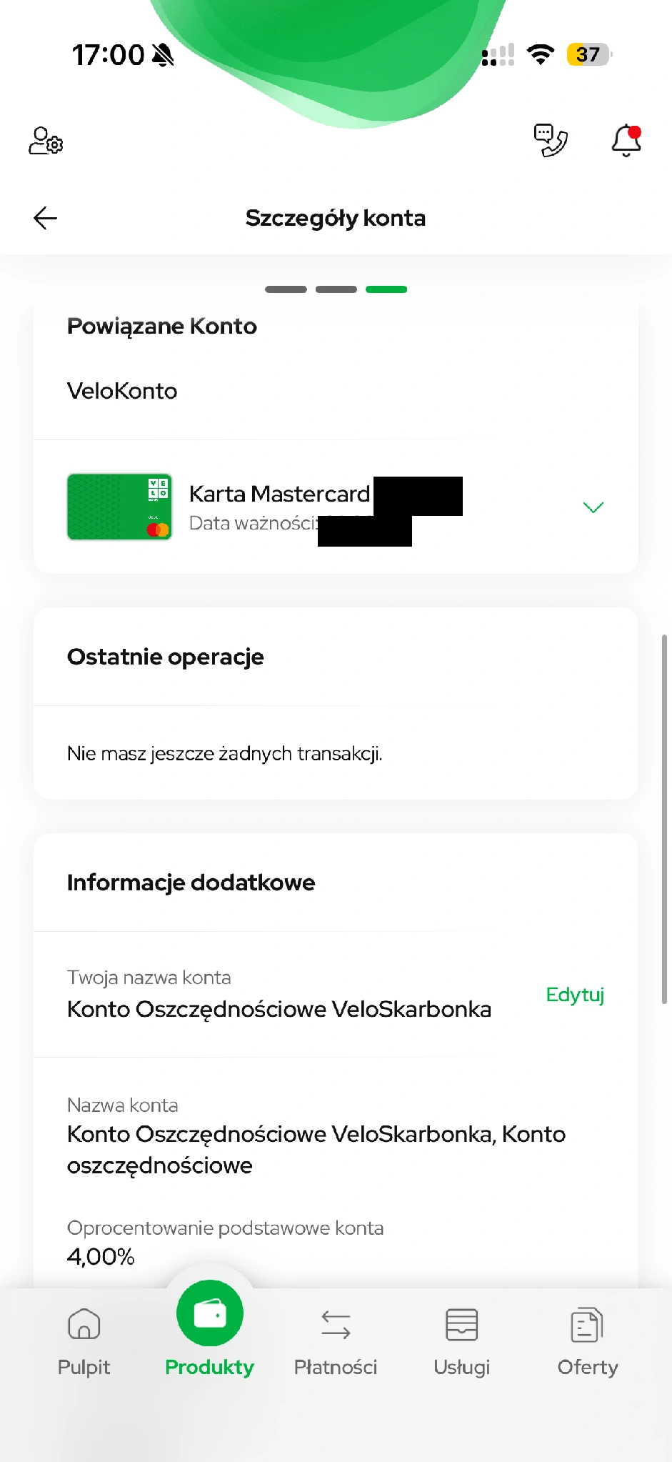 Powiązane konto i karta oraz osobna historia skarbonki.