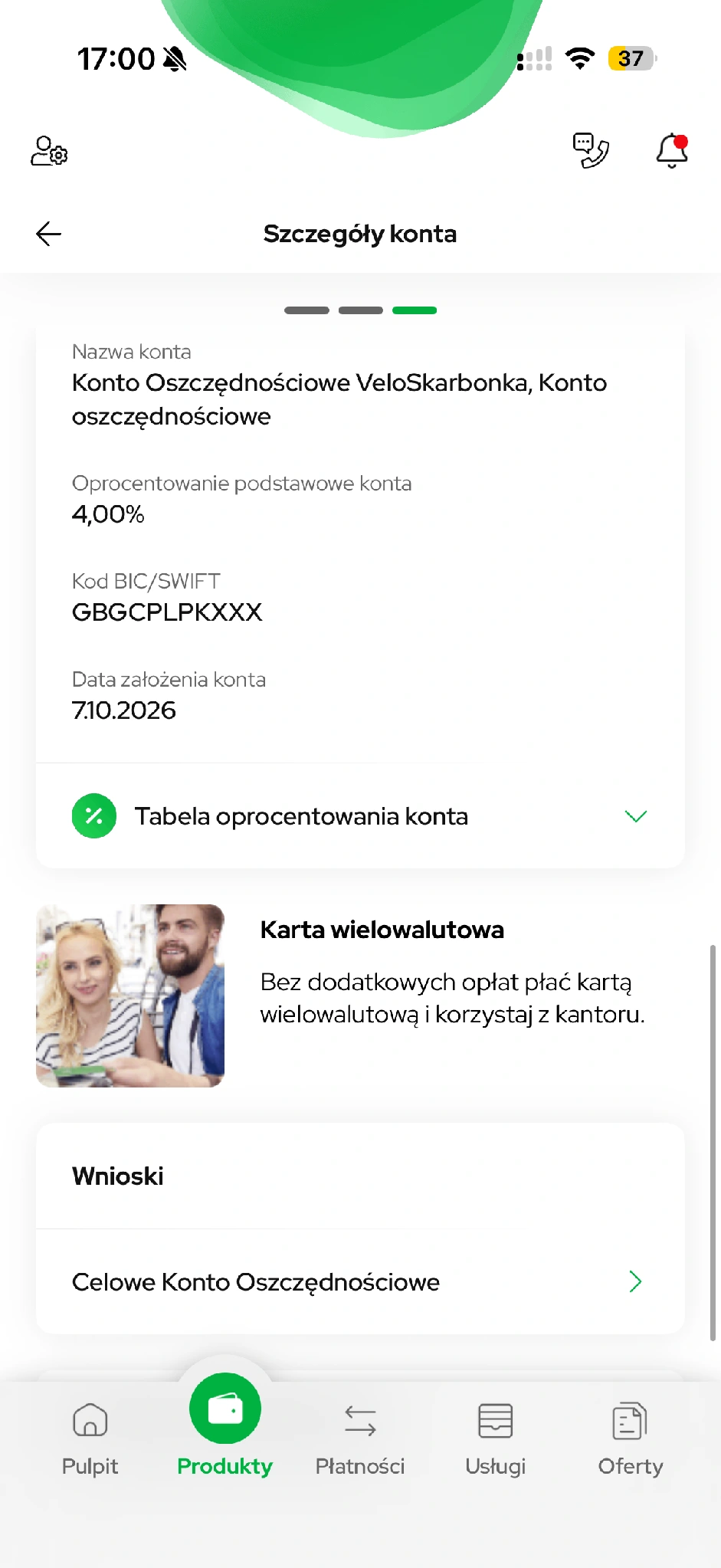 Informacje dodatkowe z nazwą produktu i oprocentowaniem.