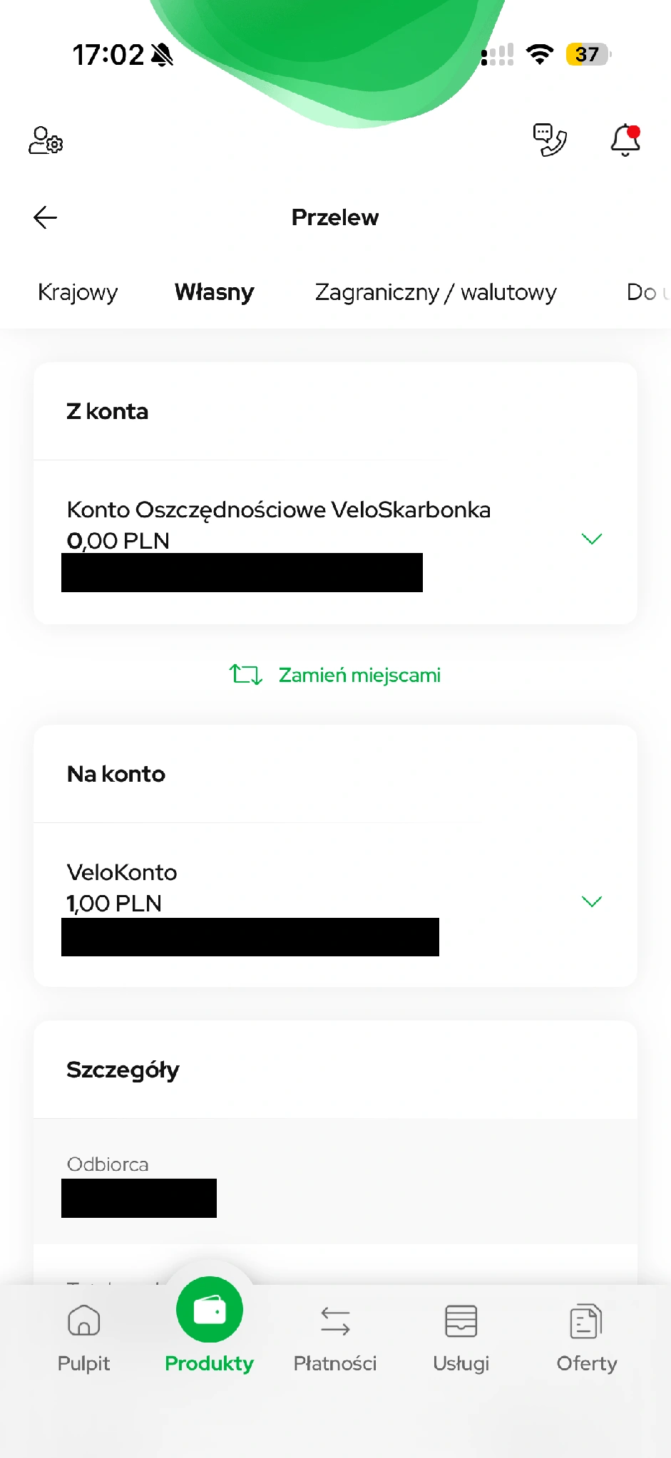 Przelew własny z VeloSkarbonki na VeloKonto.