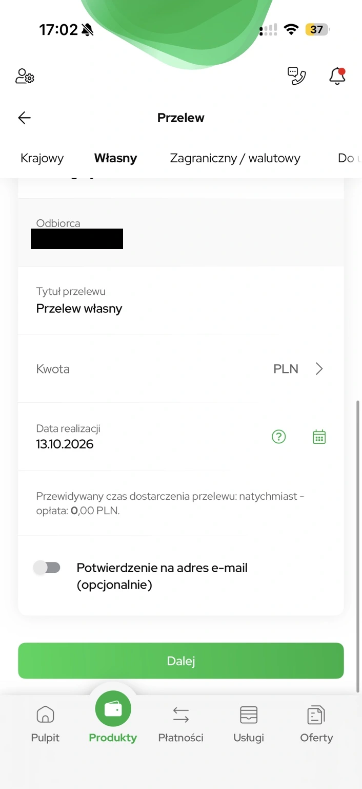 Kwota i opłata w formularzu przed zatwierdzeniem przelewu.