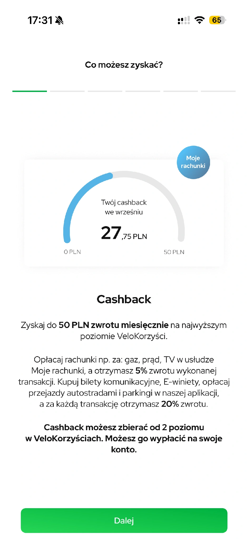 Prezentacja banku z przykładową kwotą cashbacku 27,75 zł.