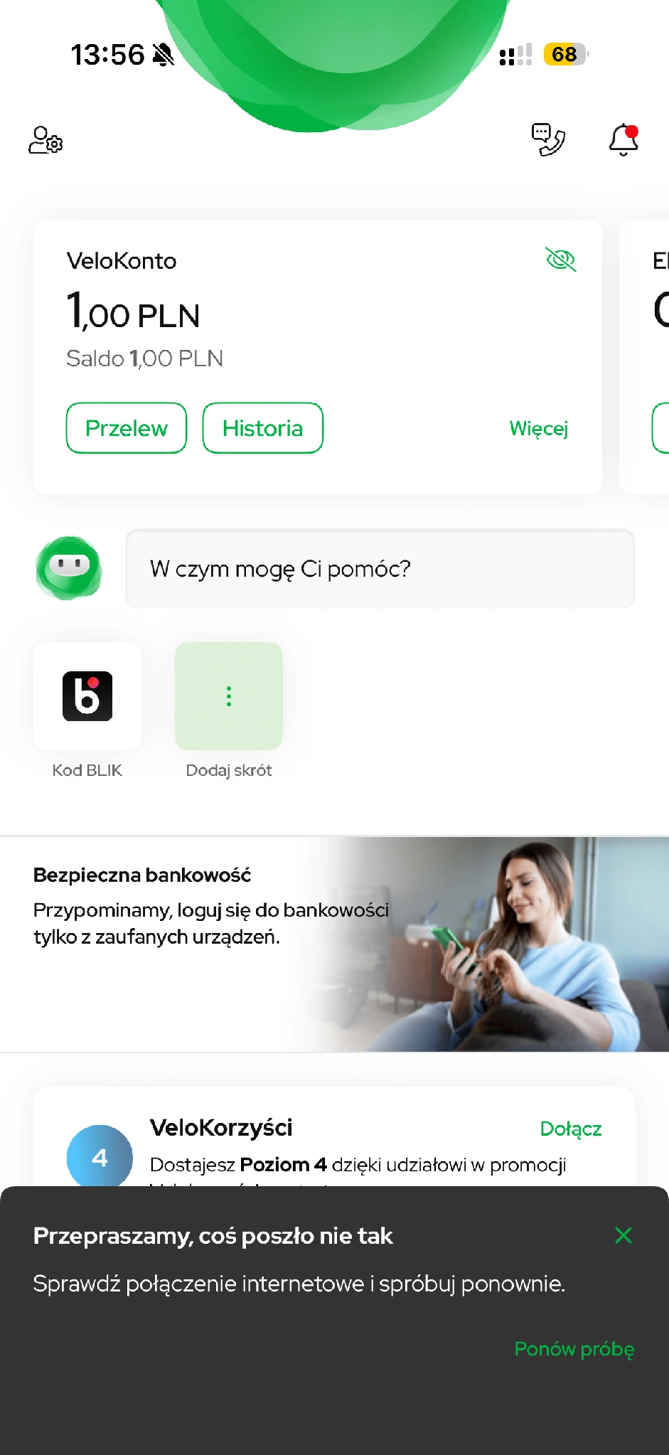 Komunikat błędu na pulpicie aplikacji VeloBank.
