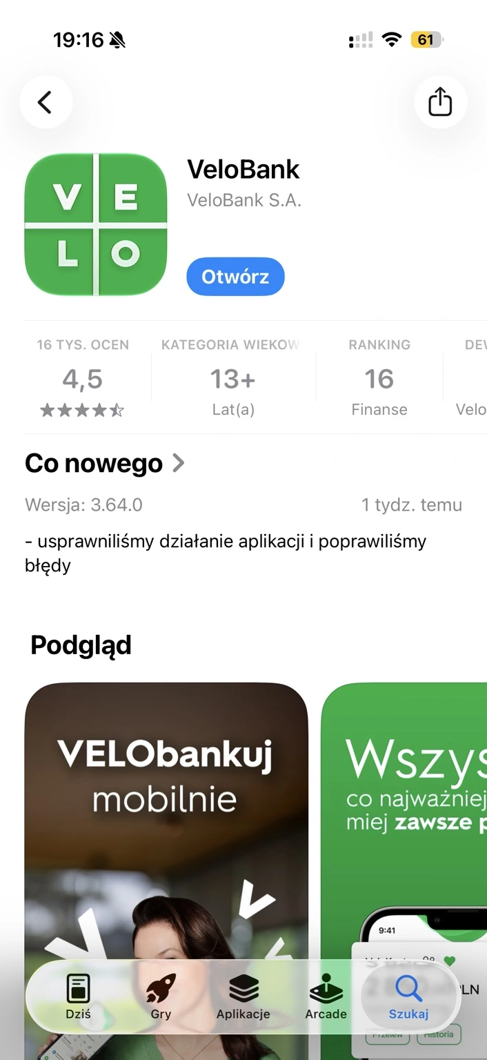 Oficjalna aplikacja VeloBank w App Store.