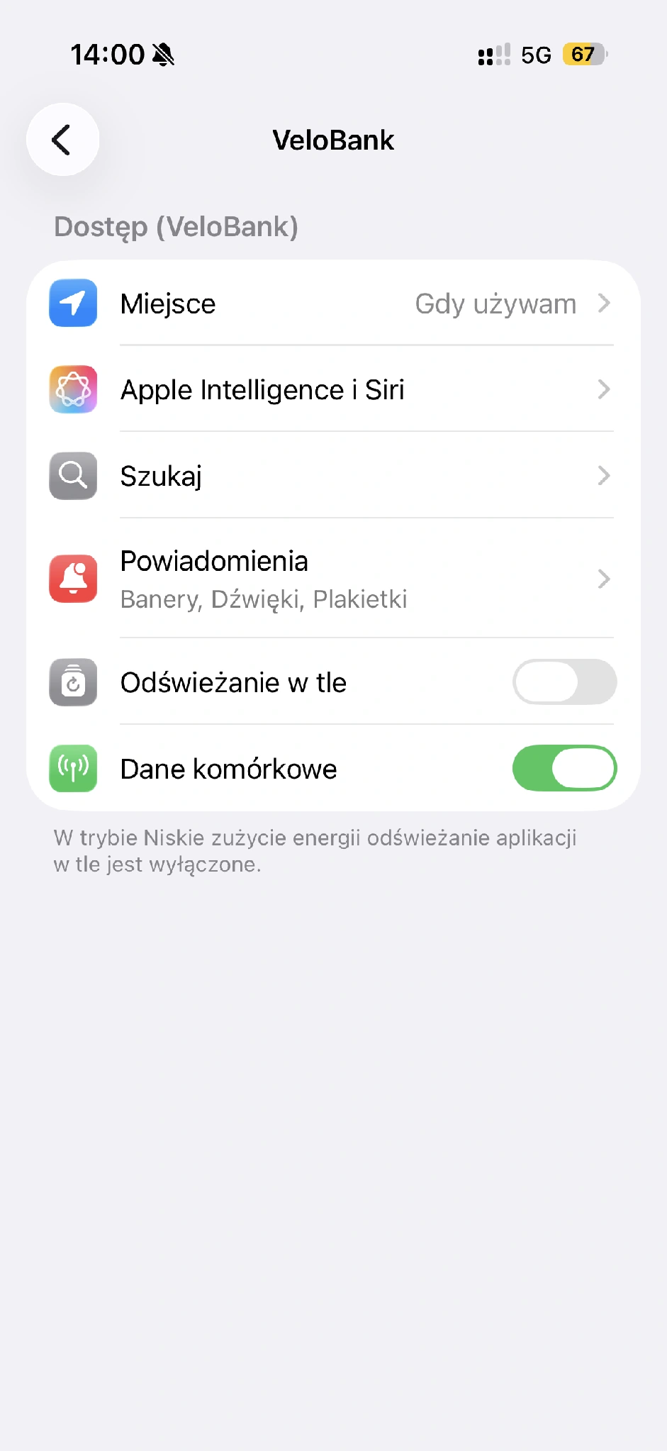 Ustawienia VeloBanku na iPhonie. Powiadomienia i dostęp do danych.