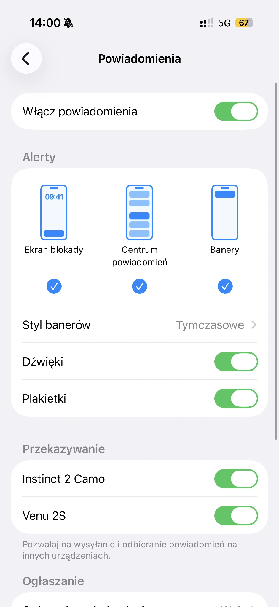 Ustawienia wyświetlania powiadomień w systemie iOS.