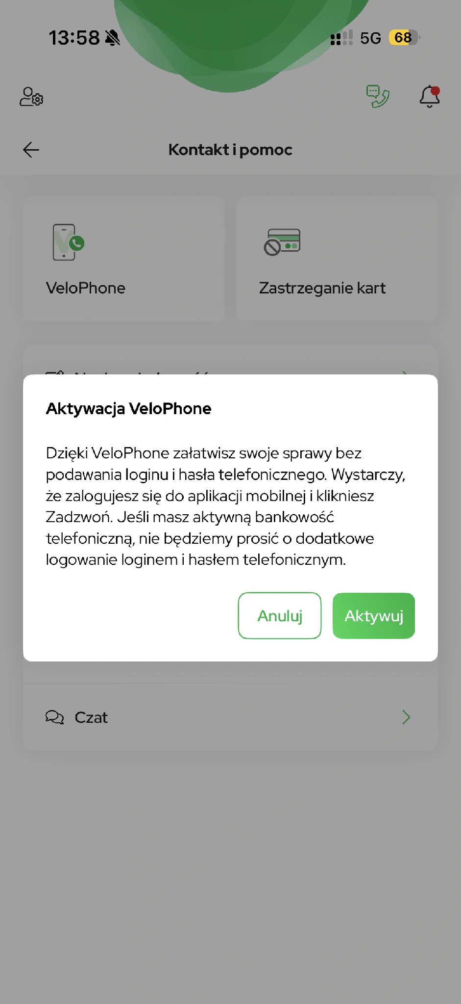 Informacja przed aktywacją VeloPhone.