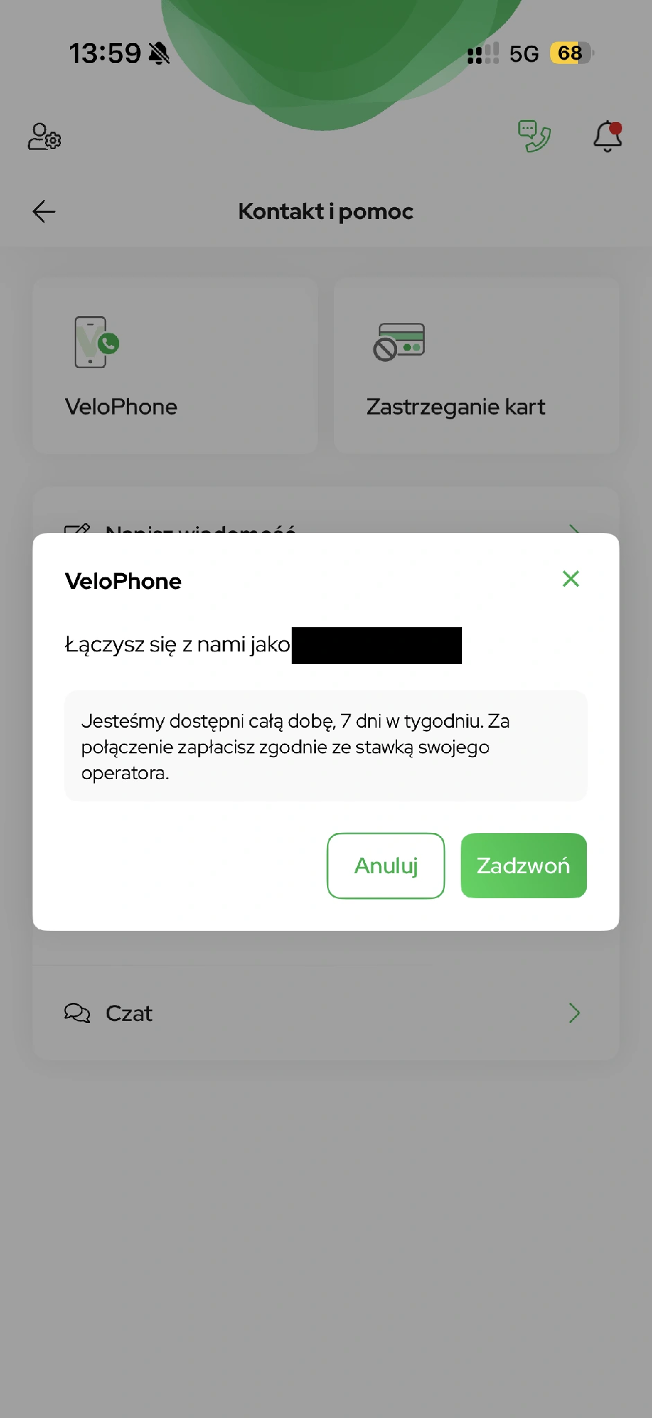 Ekran VeloPhone przed rozpoczęciem połączenia.