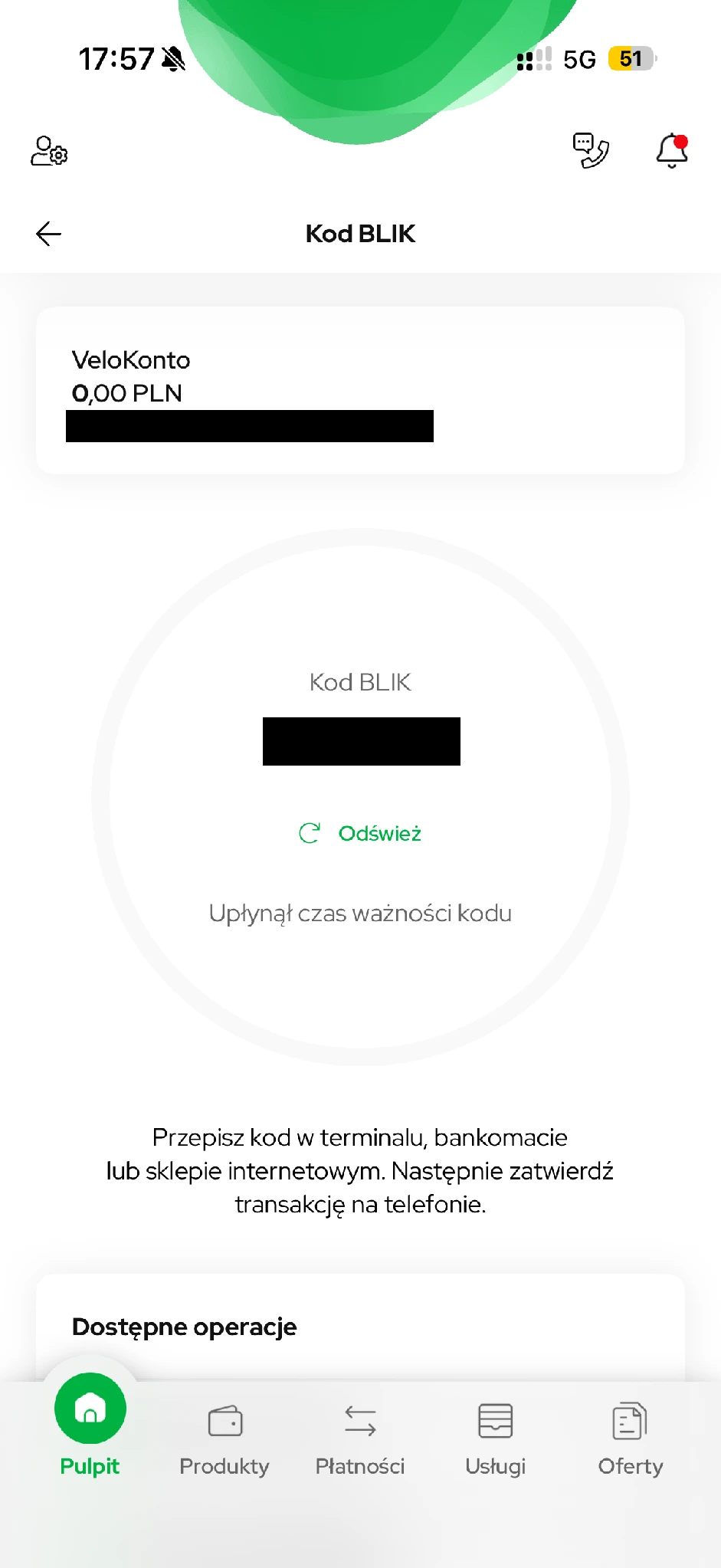 Ekran kodu BLIK po upływie jego ważności. Kod i numer konta zasłonięte.