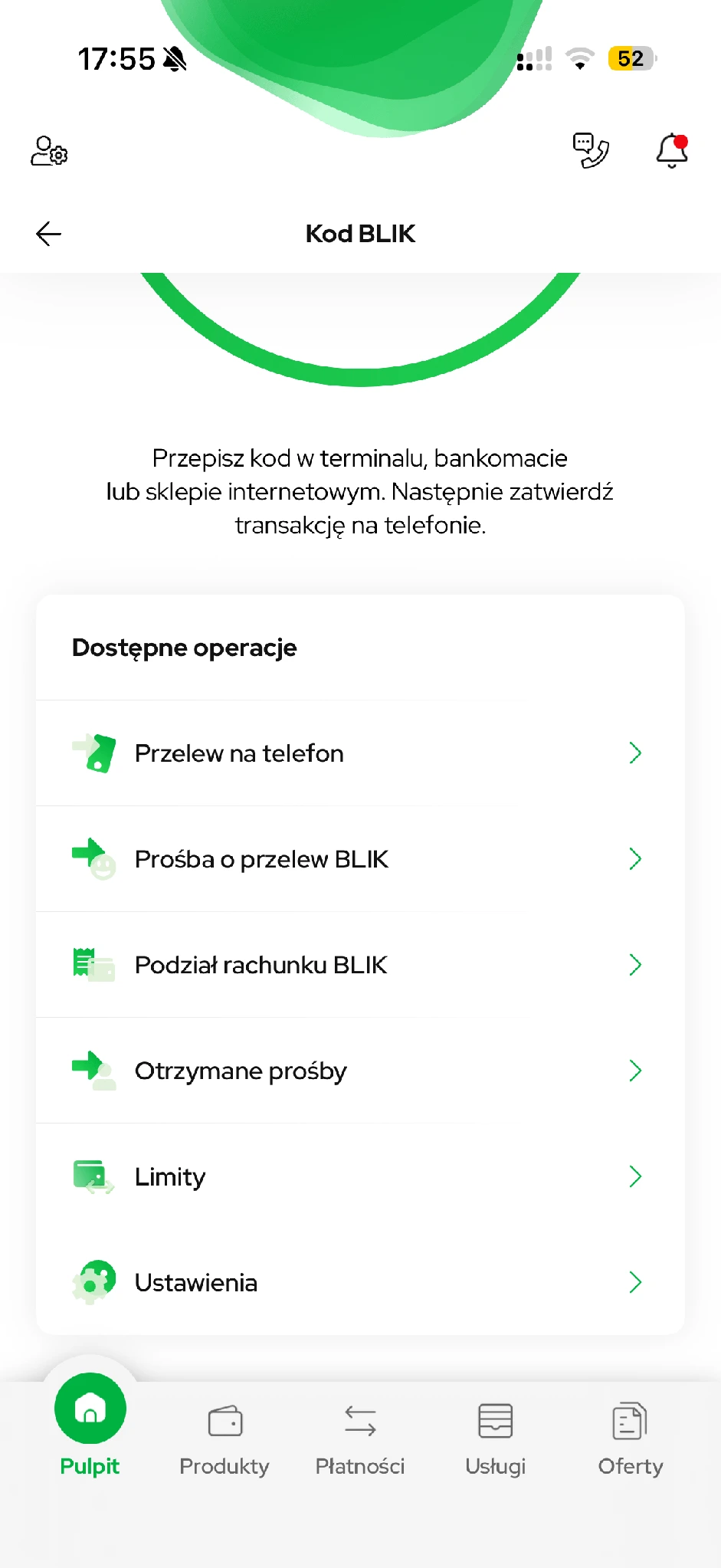 Menu BLIK z przelewem na telefon, prośbami, limitami i ustawieniami.