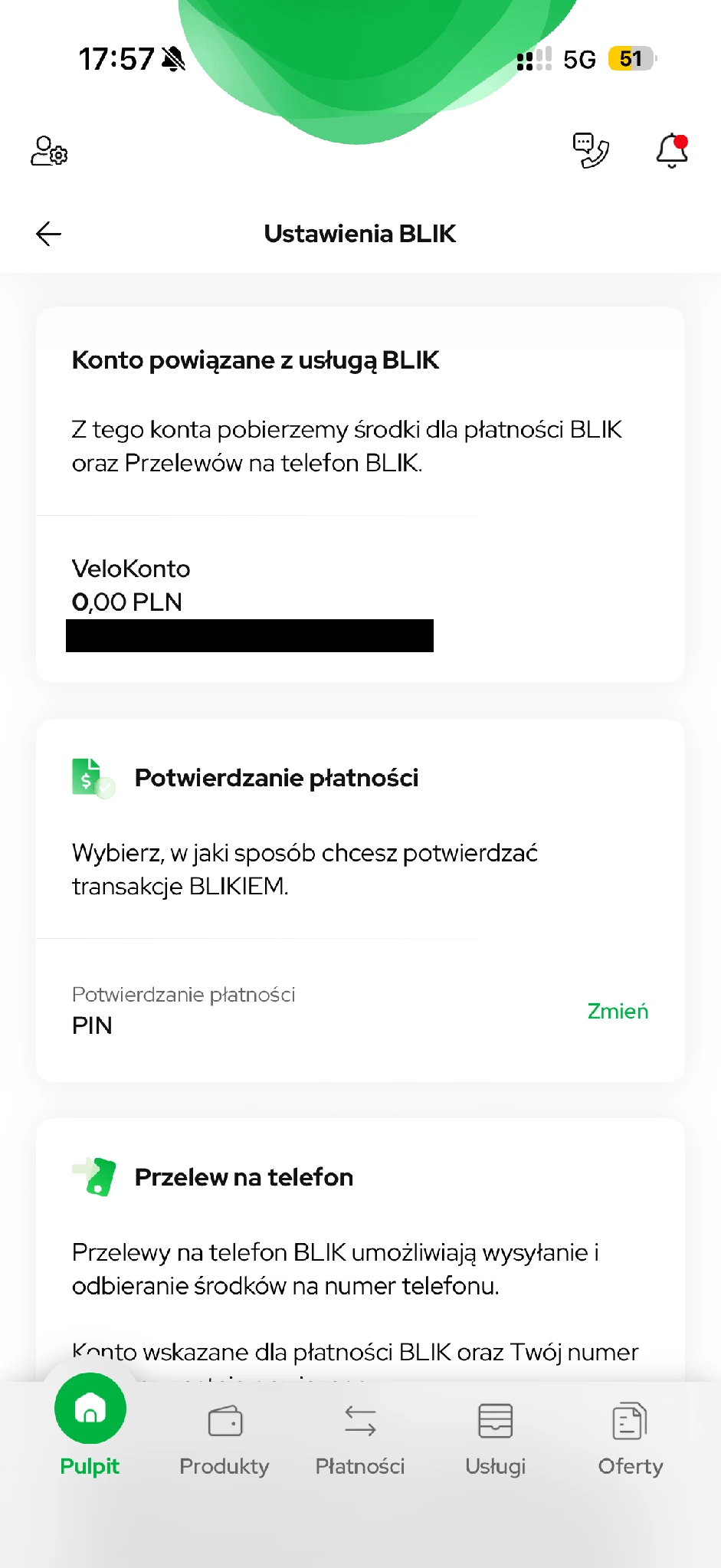 Rachunek powiązany z BLIKIEM i wybrana metoda potwierdzania płatności.