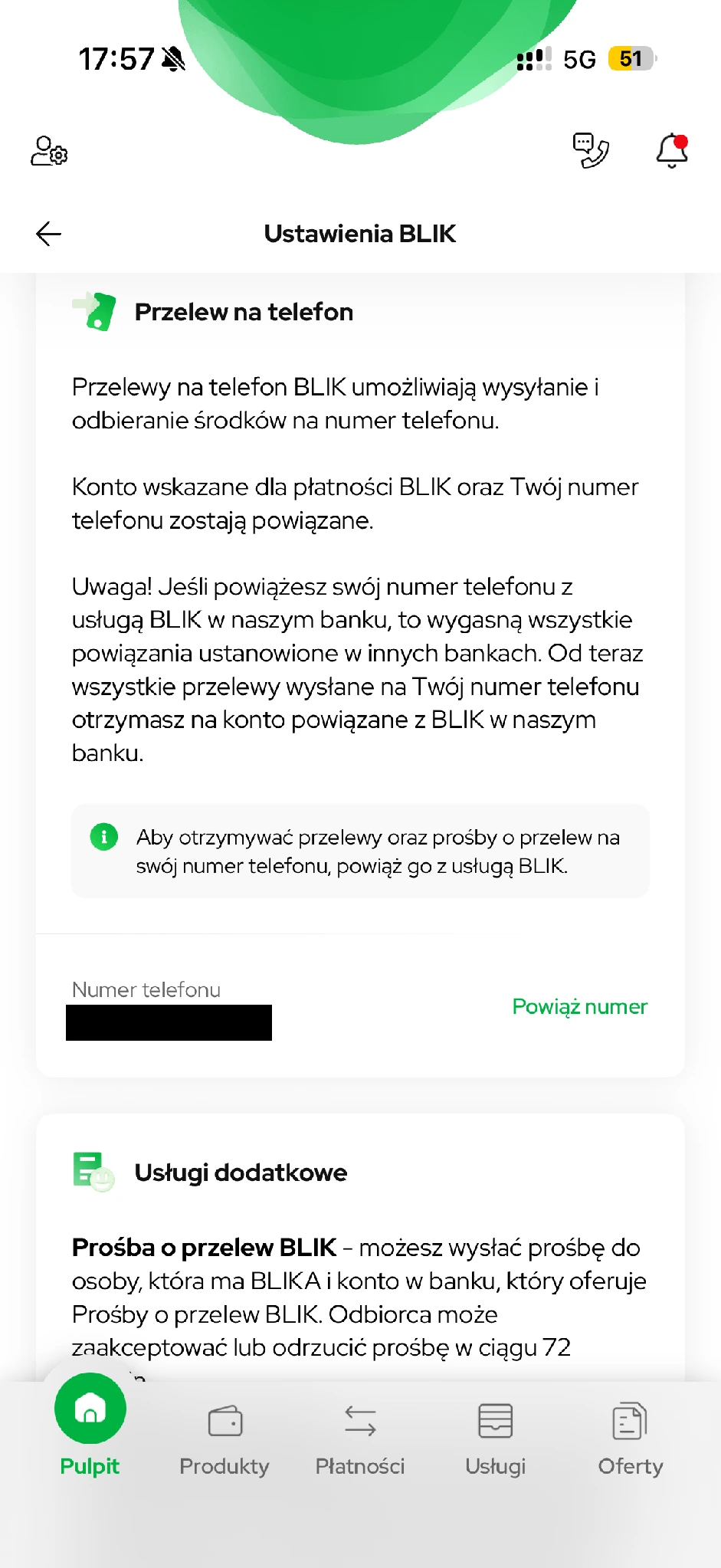 Opcja Powiąż numer przed rejestracją odbierania przelewów.