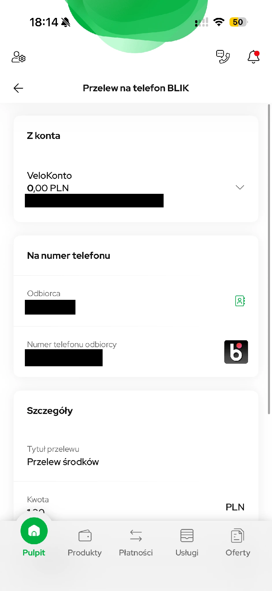 Początek formularza przelewu na telefon. Dane odbiorcy zasłonięte.