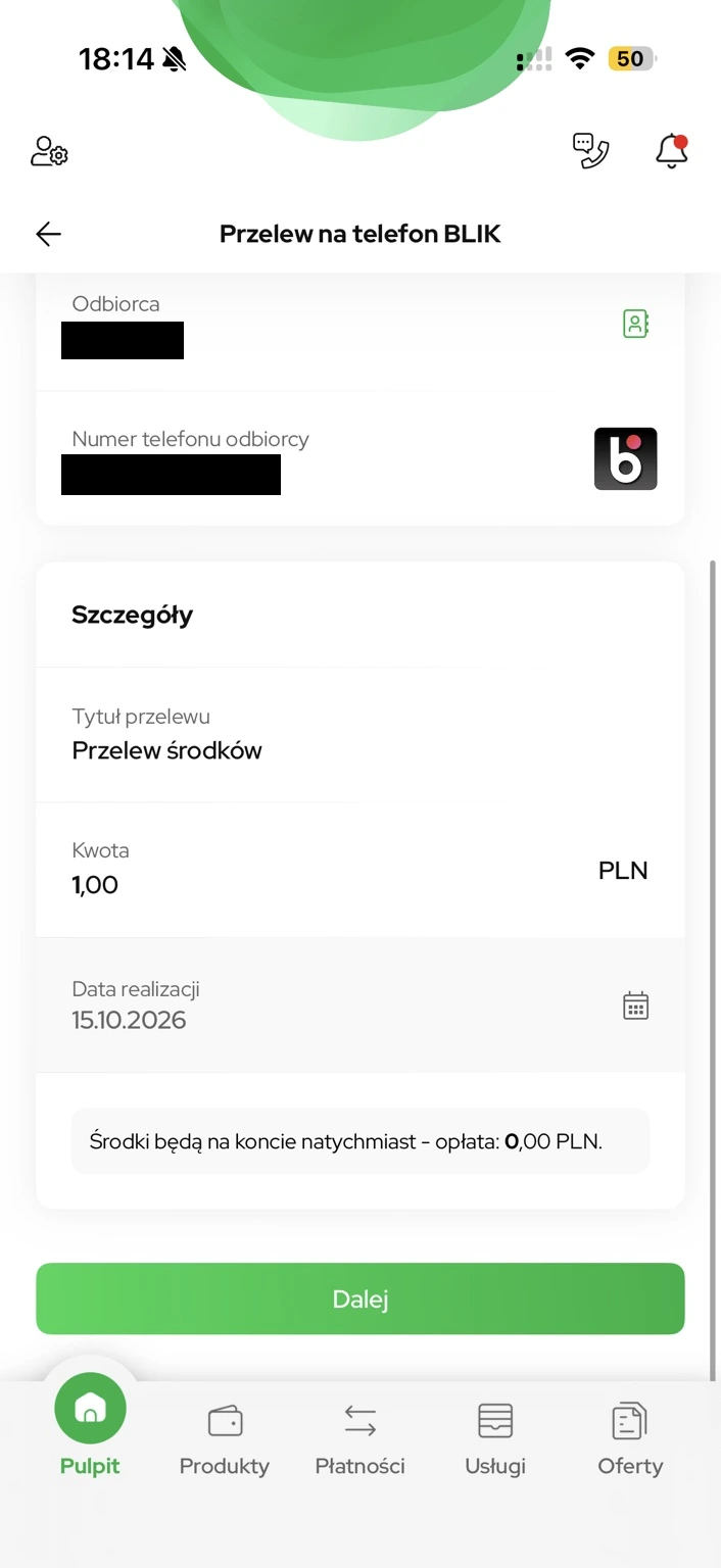 Formularz przelewu na 1 zł z opłatą 0 zł, przed wysyłką.