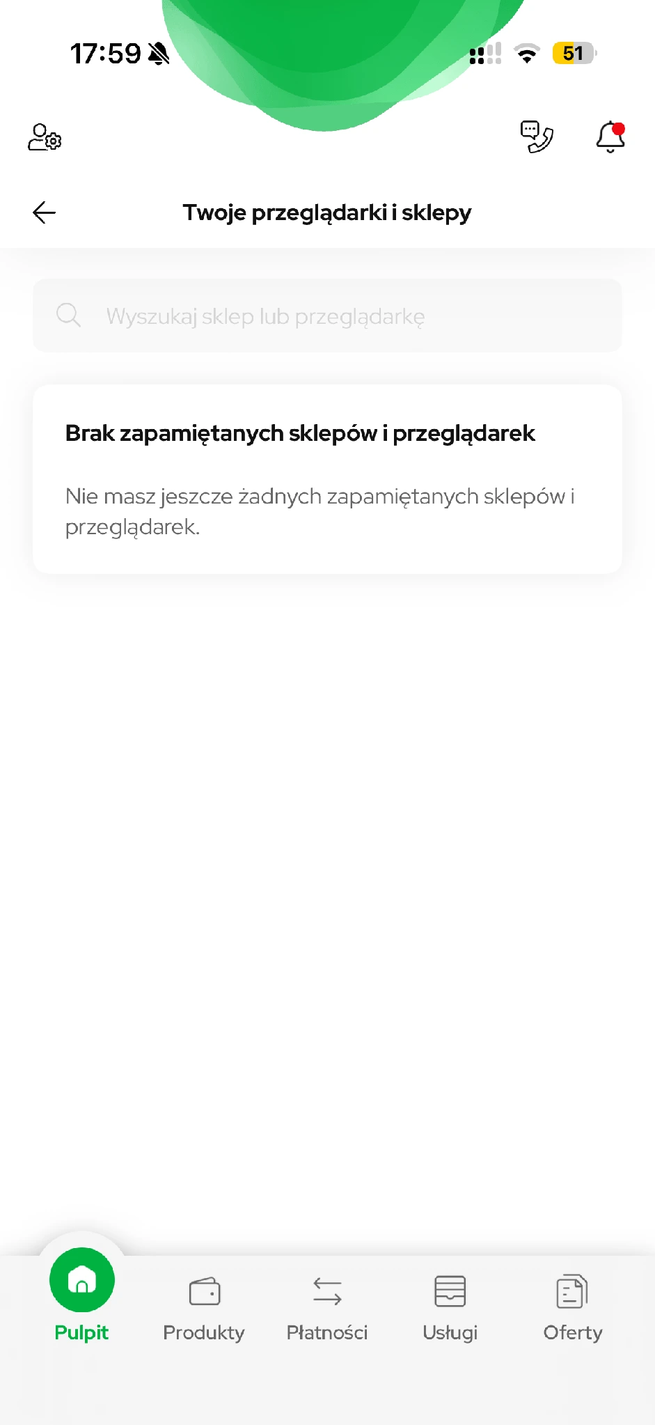 Pusta lista zapamiętanych sklepów i przeglądarek.