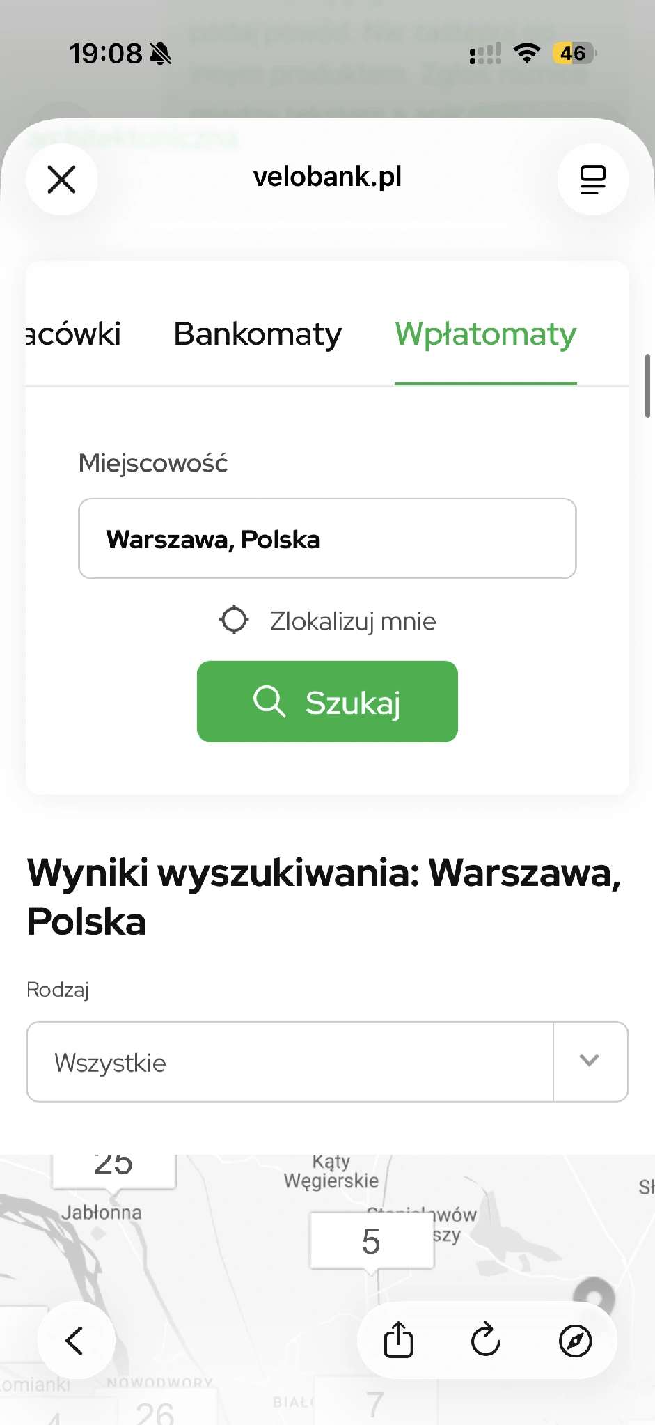 Zakładka Wpłatomaty i wyszukiwanie urządzeń w Warszawie.