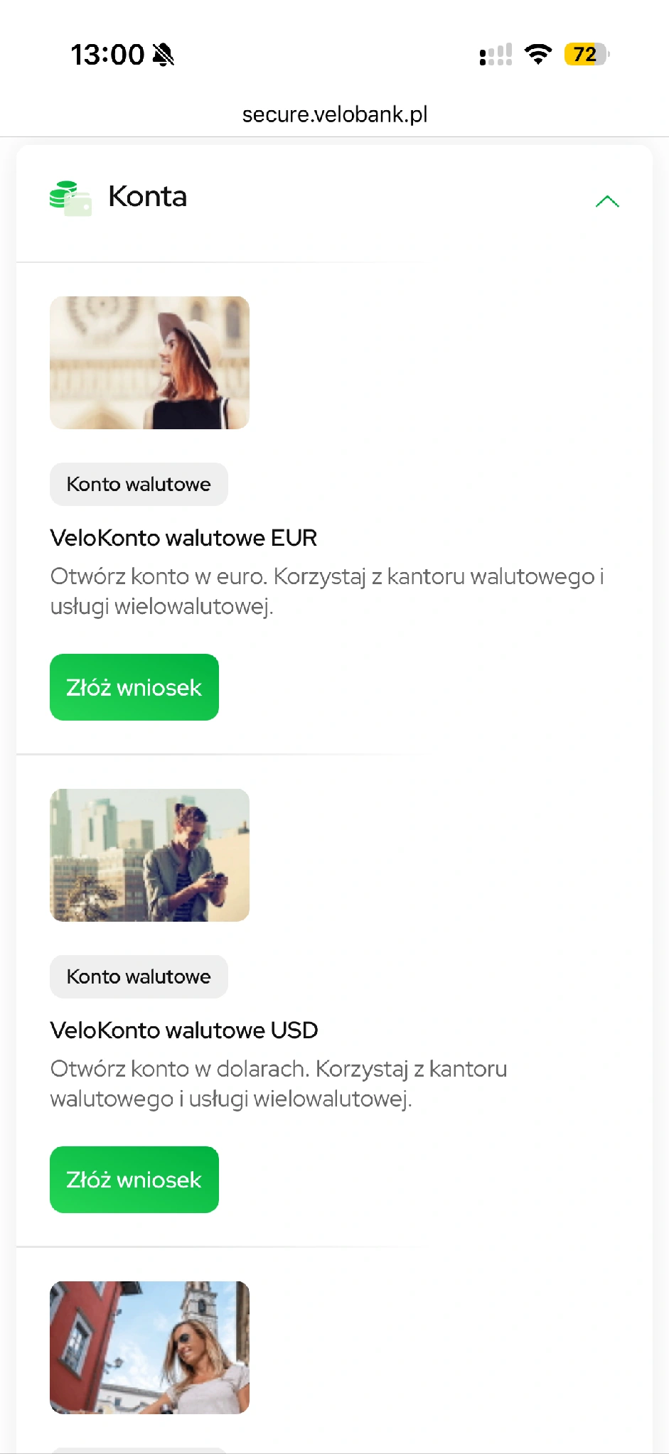 Oferta rachunków EUR i USD z przyciskami Złóż wniosek.