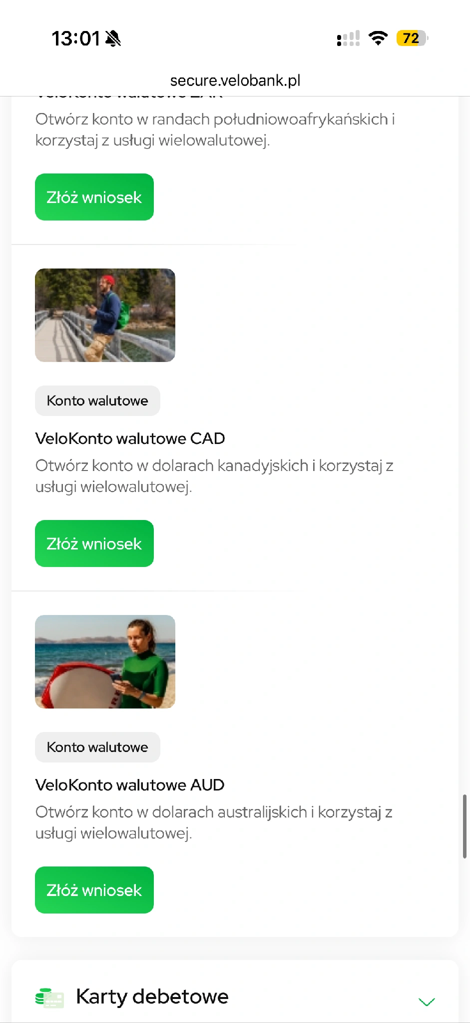 Dalsza część oferty kont walutowych, w tym CAD i AUD.
