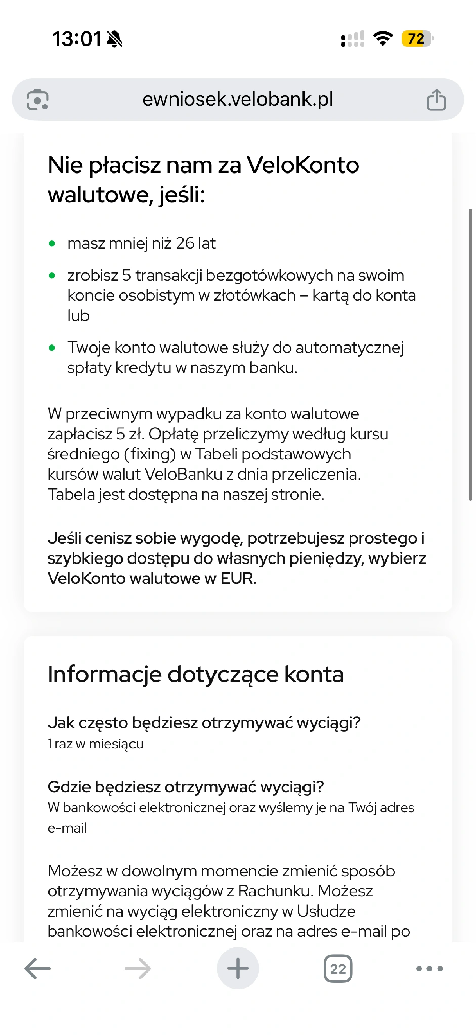 Warunki opłaty i ustawienia wyciągów we wniosku.