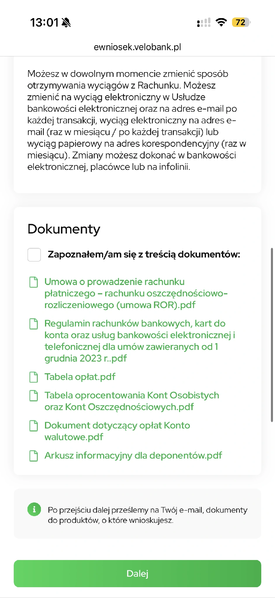 Dokumenty produktu przed przejściem dalej.