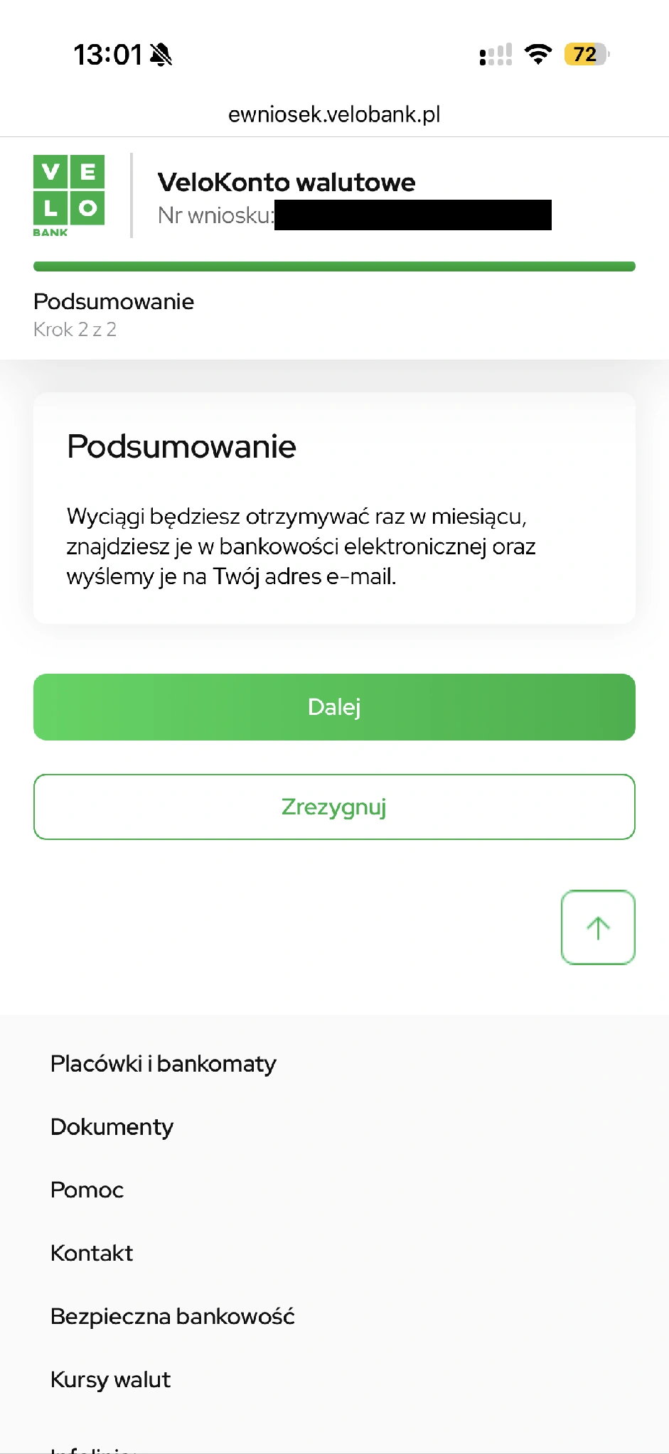 Podsumowanie wniosku o konto, nie wymiany waluty.