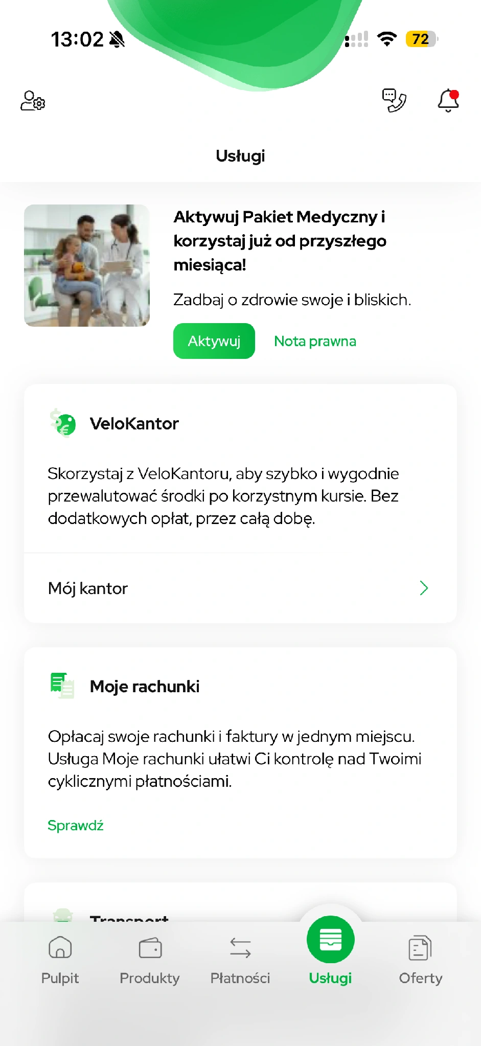 Wejście do VeloKantoru w aplikacji przez Usługi.