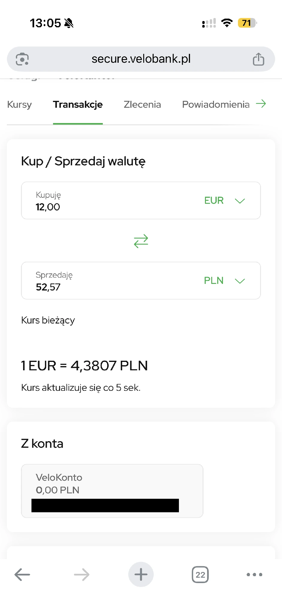 Formularz kupna euro. Widoczny kurs jest odczytem z materiału.