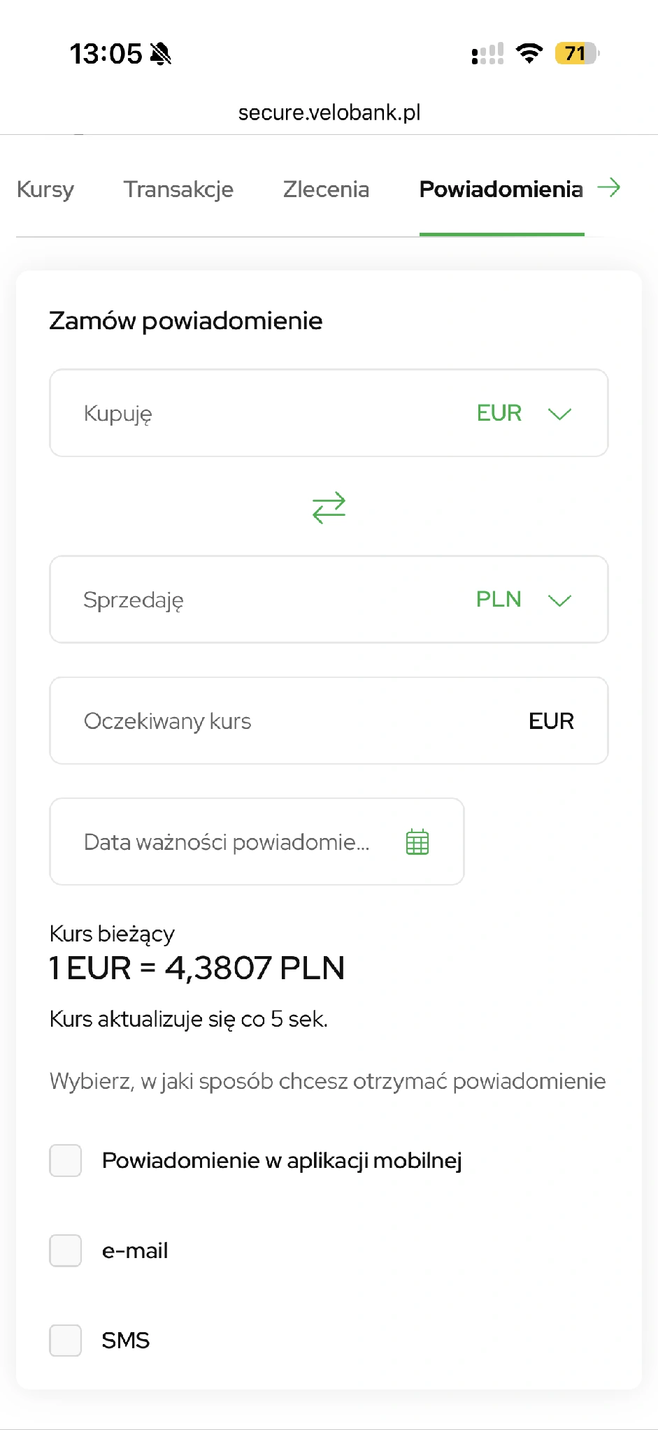 Parametry alertu kursowego i kanały powiadomień.