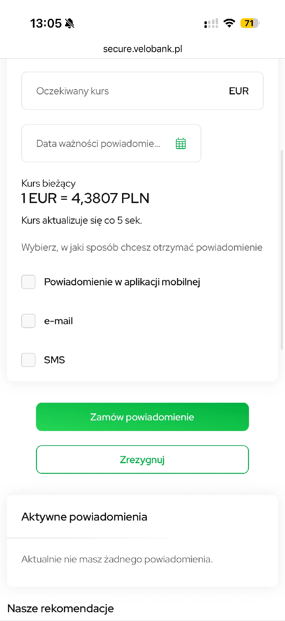 Formularz alertu przed zapisaniem, bez aktywnych powiadomień.