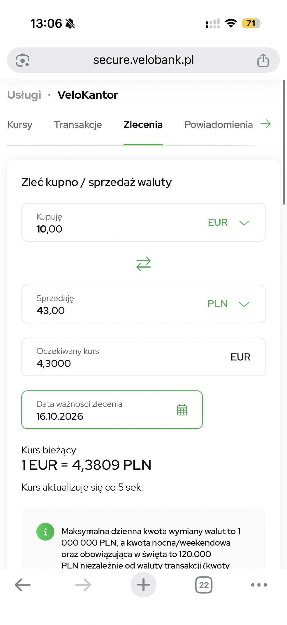Niezłożone zlecenie zakupu 10 EUR przy oczekiwanym kursie.