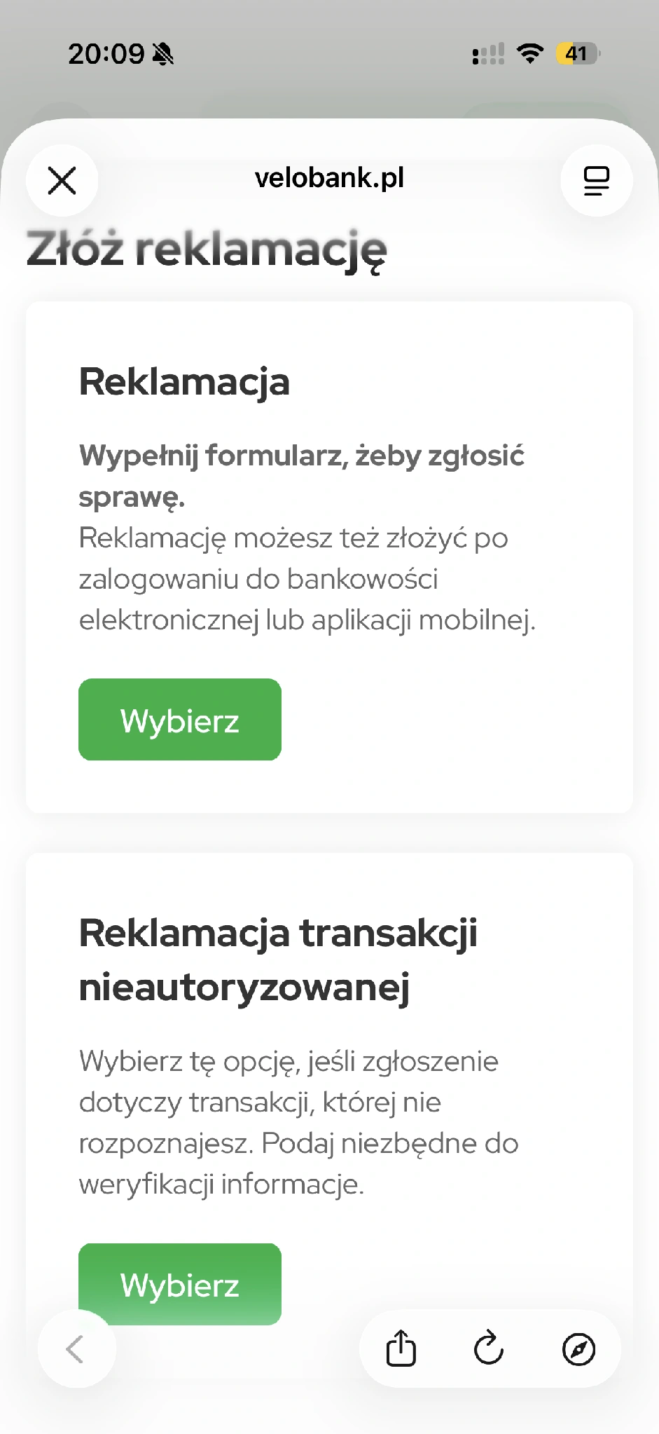 Wybór zwykłej reklamacji albo zgłoszenia transakcji nieautoryzowanej.