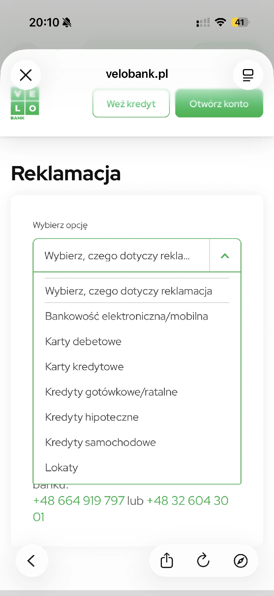 Wybór produktu w publicznym formularzu reklamacji VeloBanku.