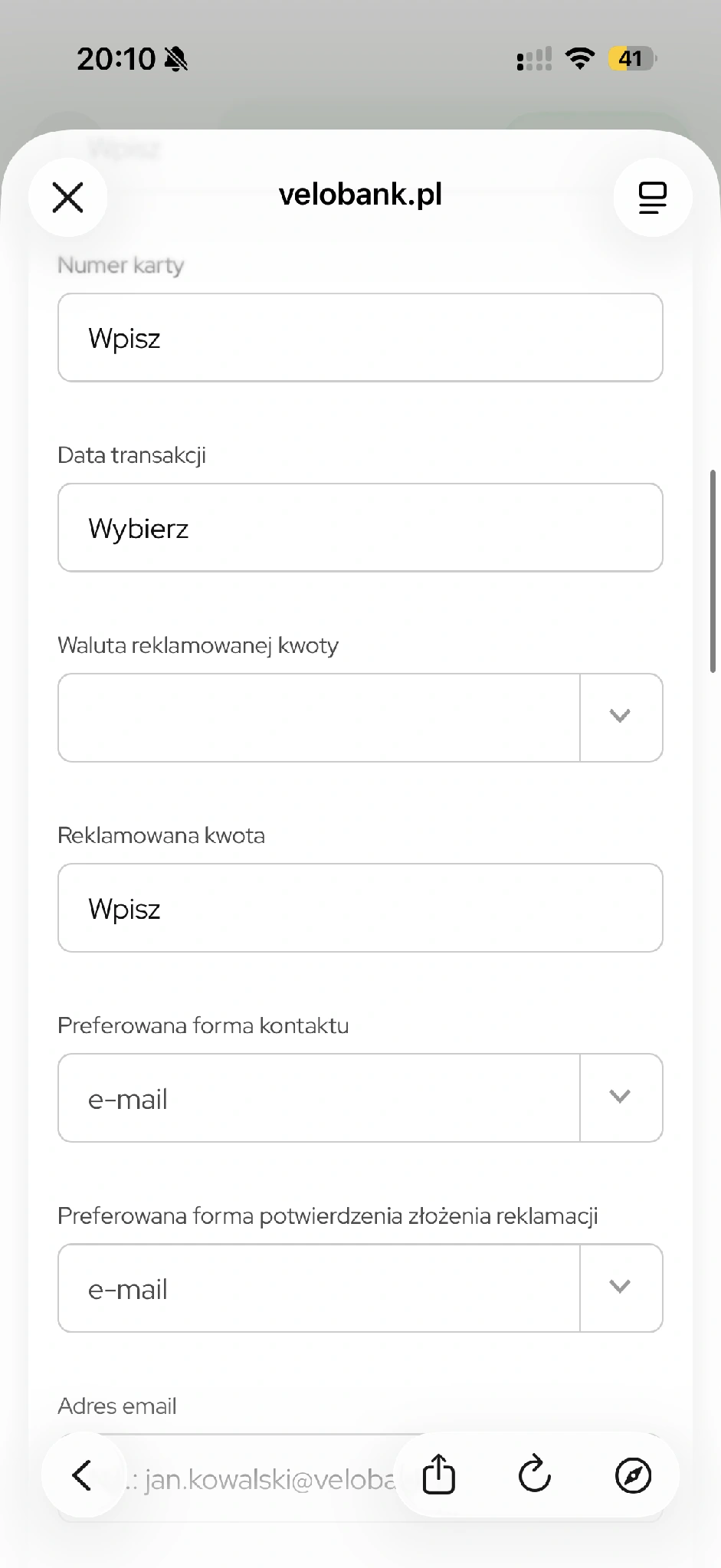 Dane reklamowanej operacji i wybór formy kontaktu.