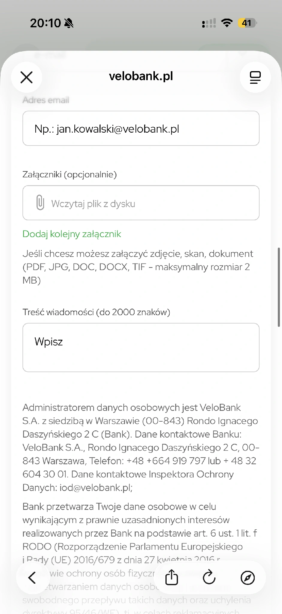 Publiczny formularz: opis do 2000 znaków i limit pliku 2 MB.