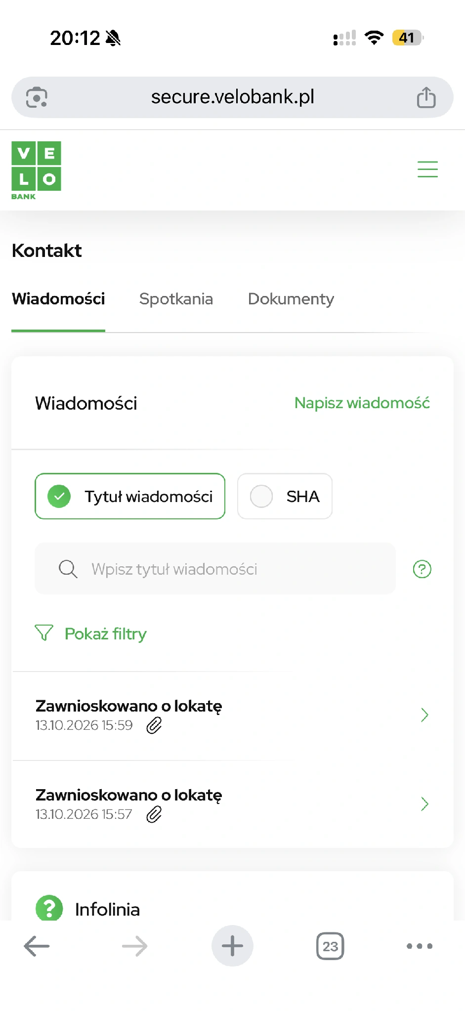 Kontakt i Wiadomości w bankowości internetowej. Widoczne wcześniejsze wiadomości dotyczą lokaty.