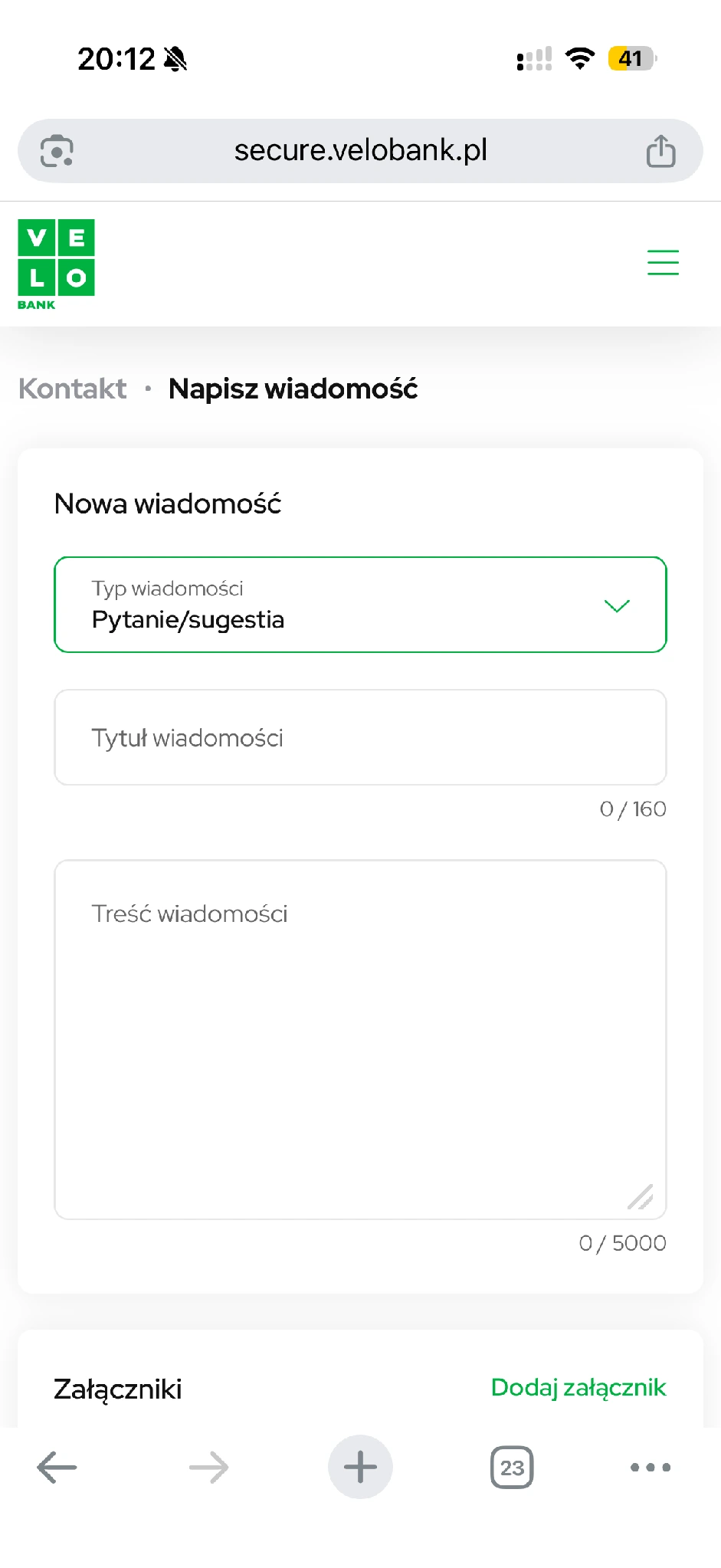 Nowa wiadomość z typem Pytanie/sugestia. Nie jest to potwierdzenie złożenia reklamacji.