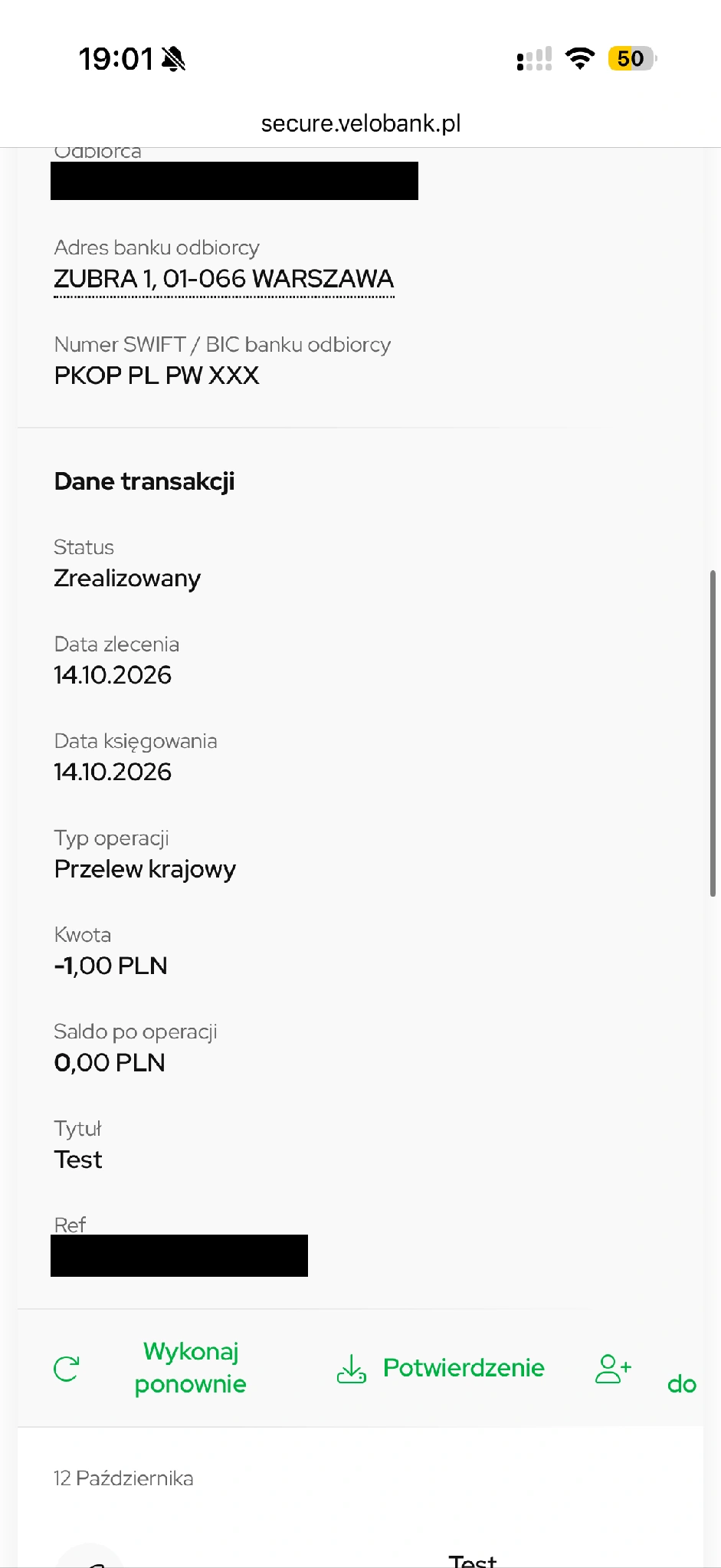 Data, kwota i status przelewu jako przykład danych do zgłoszenia. Ta operacja nie została przedstawiona jako reklamowana.
