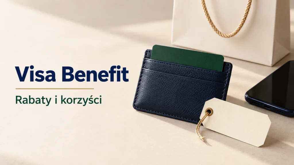 Karta w portfelu, telefon i torba zakupowa oraz napis Visa Benefit. Rabaty i korzyści.