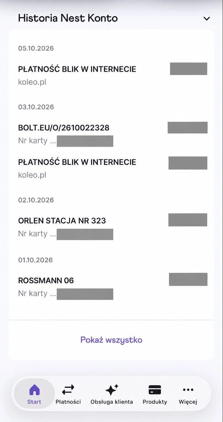 Historia Nest Konta z listą płatności i przyciskiem Pokaż wszystko
