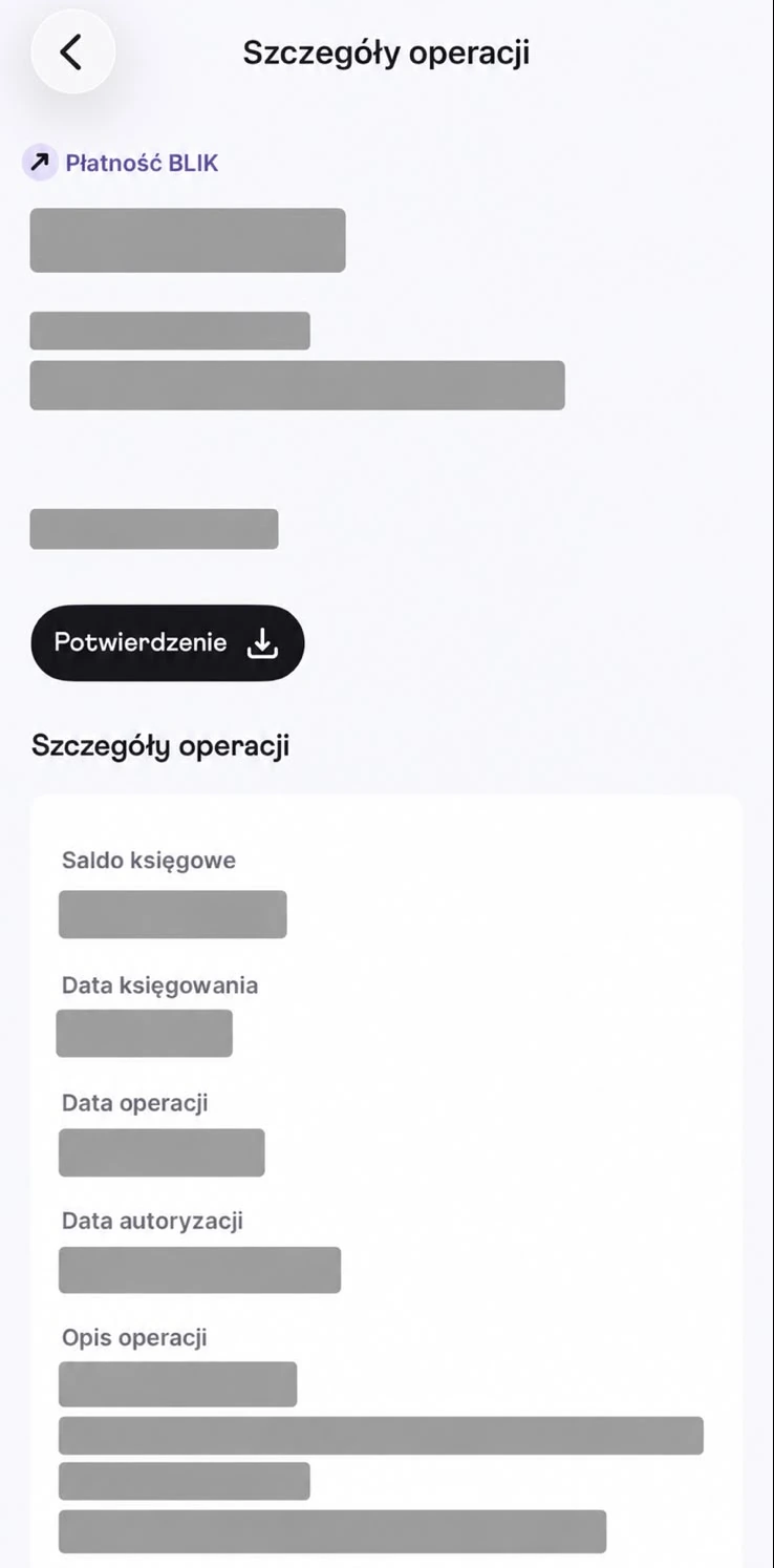 Przycisk Potwierdzenie w szczegółach płatności BLIK w aplikacji Nest Banku