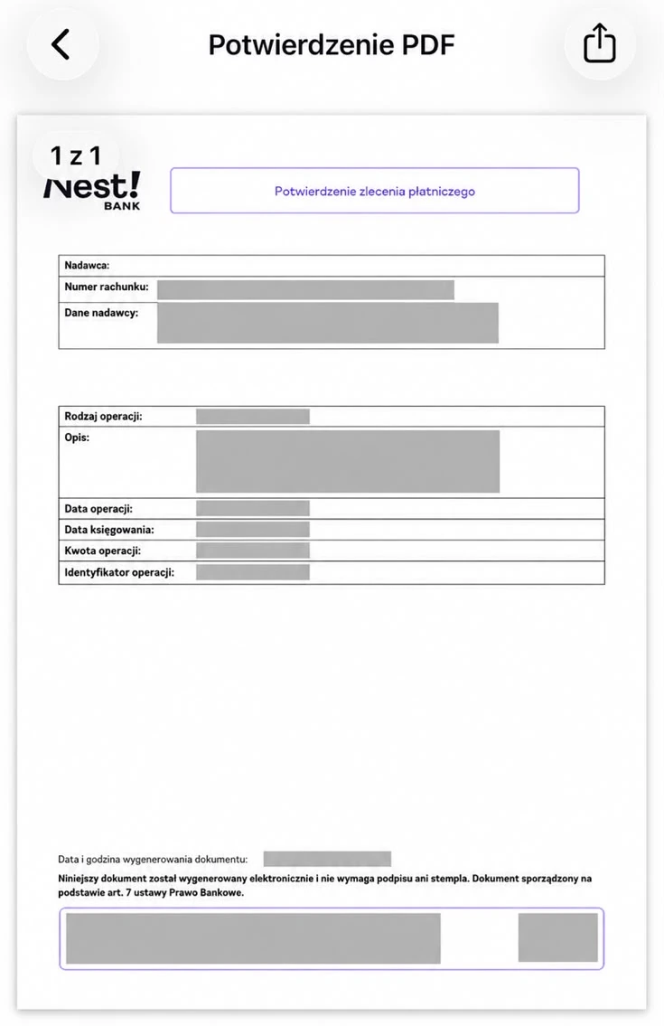 Podgląd potwierdzenia PDF z ikoną udostępniania w aplikacji Nest Banku na iPhonie