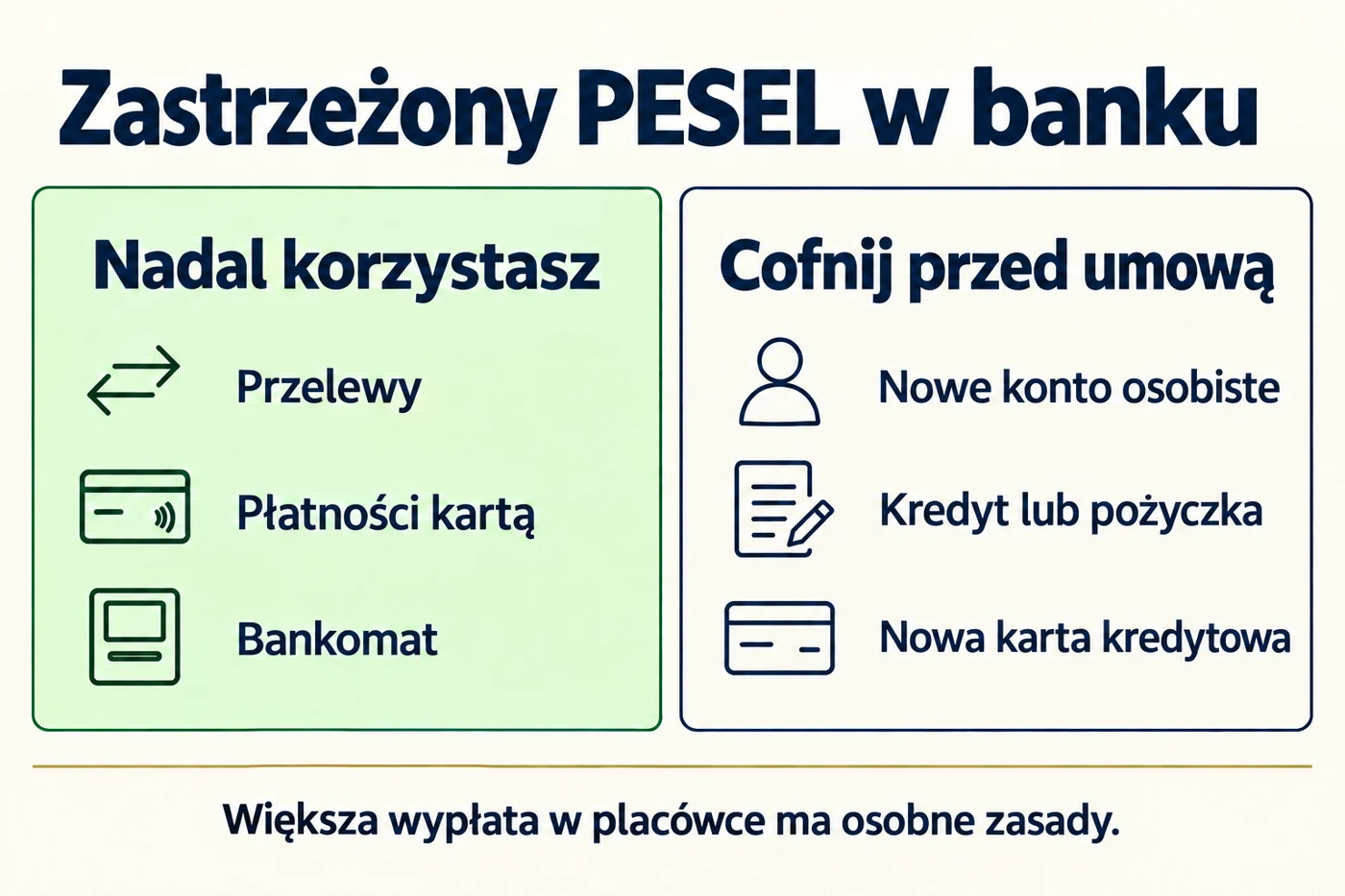 Przy zastrzeżonym PESEL można korzystać z przelewów, karty i bankomatu. Nowe umowy wymagają sprawdzenia statusu