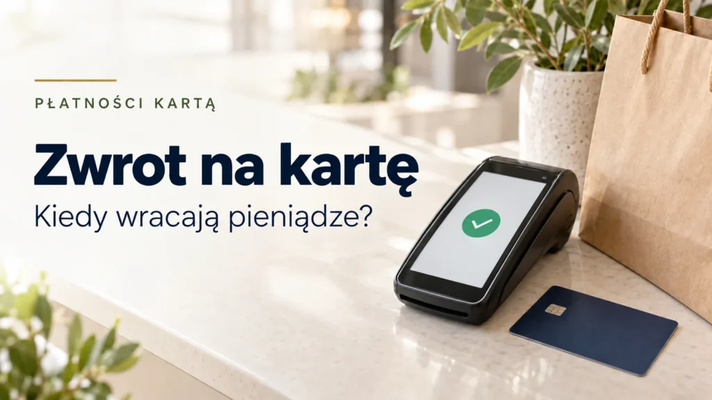 Zwrot na kartę. Terminal z potwierdzeniem i karta na jasnym biurku